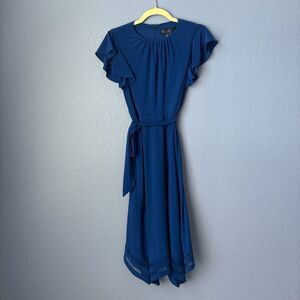 Women's Jessica Howard Dress Midi Tie Around Waist High Neck Short Sleeve Blue